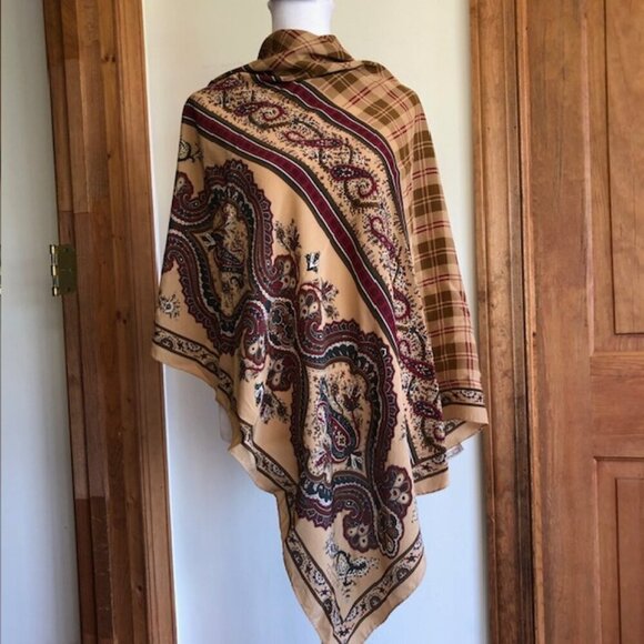 TALBOTS Italian Silk Brown Paisley Plaid Scarf 33" Square - Picture 1 of 17